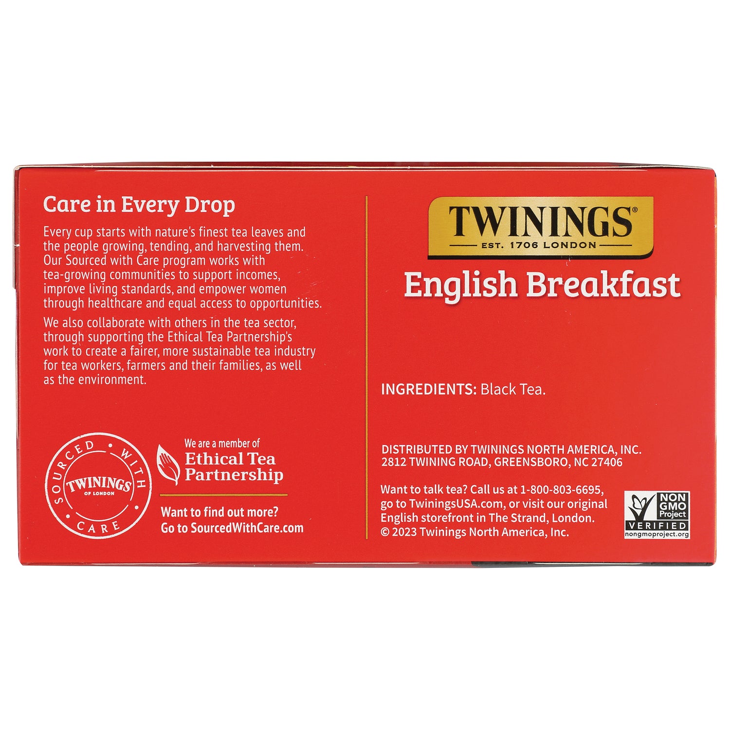 TWN003 | Back of Twinings English Breakfast tea box; ingredients: Black Tea; Non-GMO Project Verified