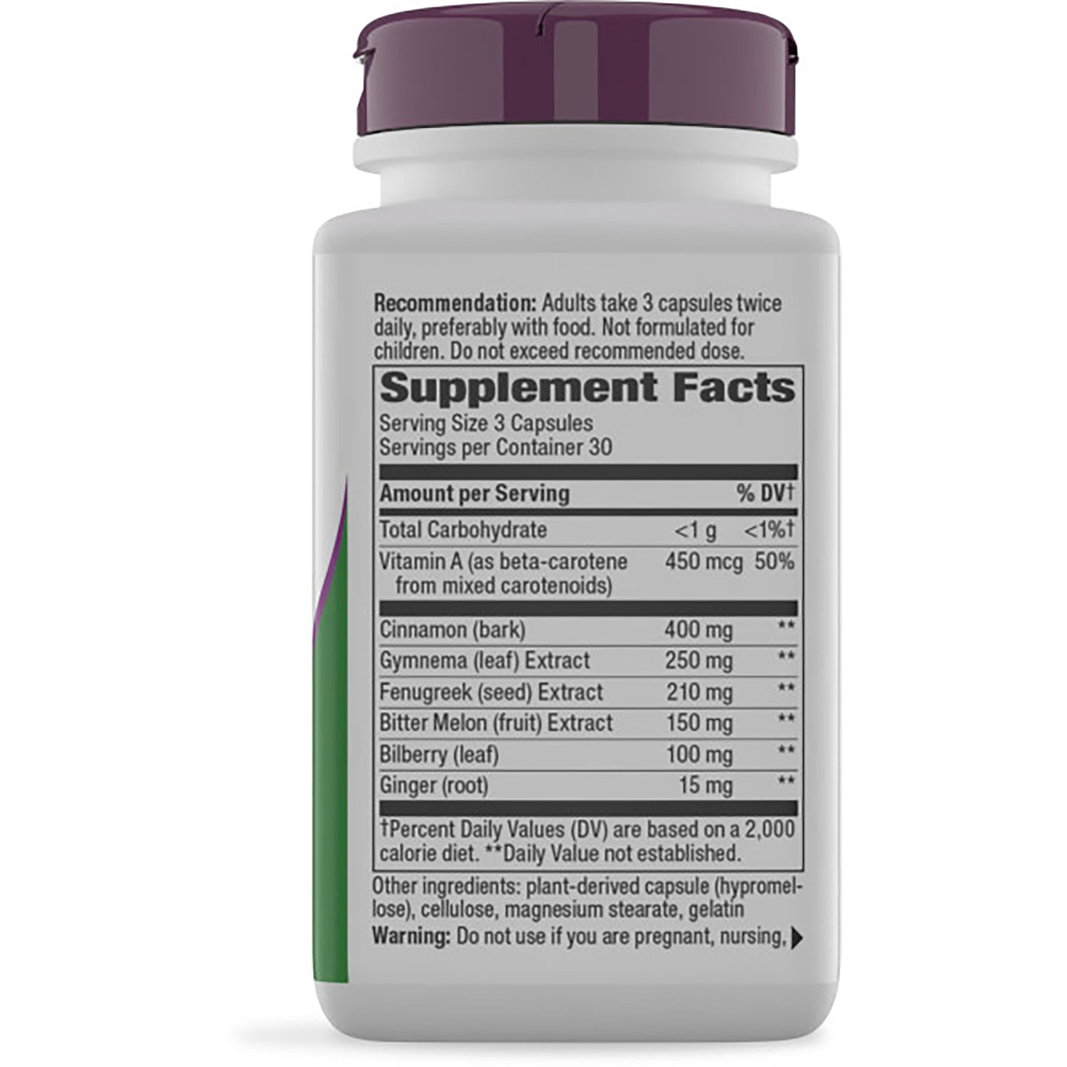 NW579 | Back of supplement bottle showing Supplement Facts panel, ingredient amounts and warning text