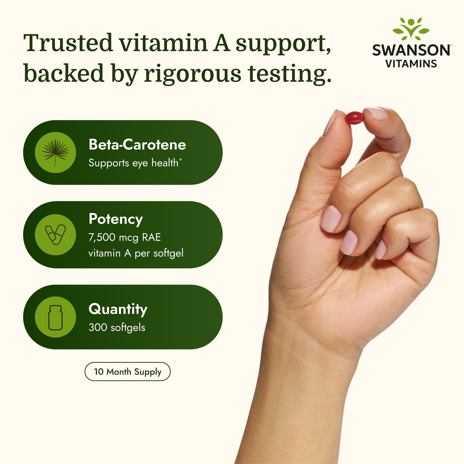 SW008 | Swanson Beta-Carotene bottle with callouts for 7,500 mcg vitamin A and eye health