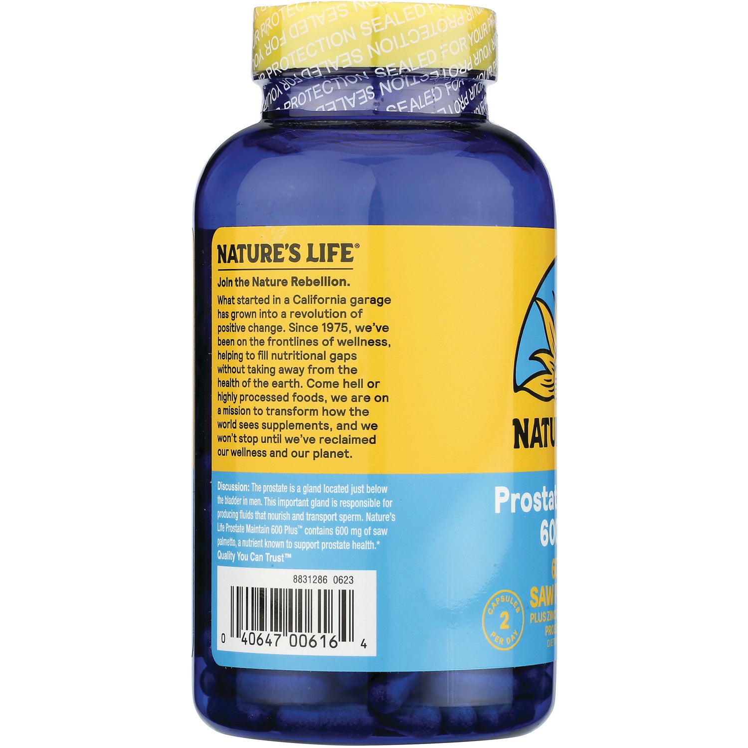 NSL020 | back label of blue supplement bottle NATURE'S LIFE showing product information, barcode, and sealed cap