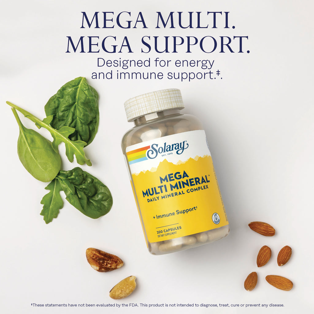 SLR549 | Solaray Mega Multi Mineral Complex bottle with Mega Multi. Mega Support. energy and immune support text - Thumbnail