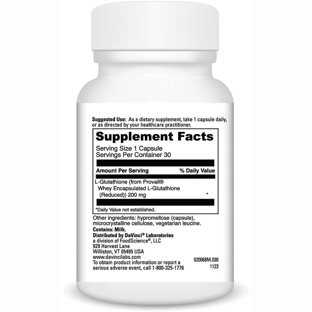 DVL168 | Back label showing Supplement Facts for L-Glutathione 200 mg, serving size 1 capsule, ingredients and distributor information - Thumbnail