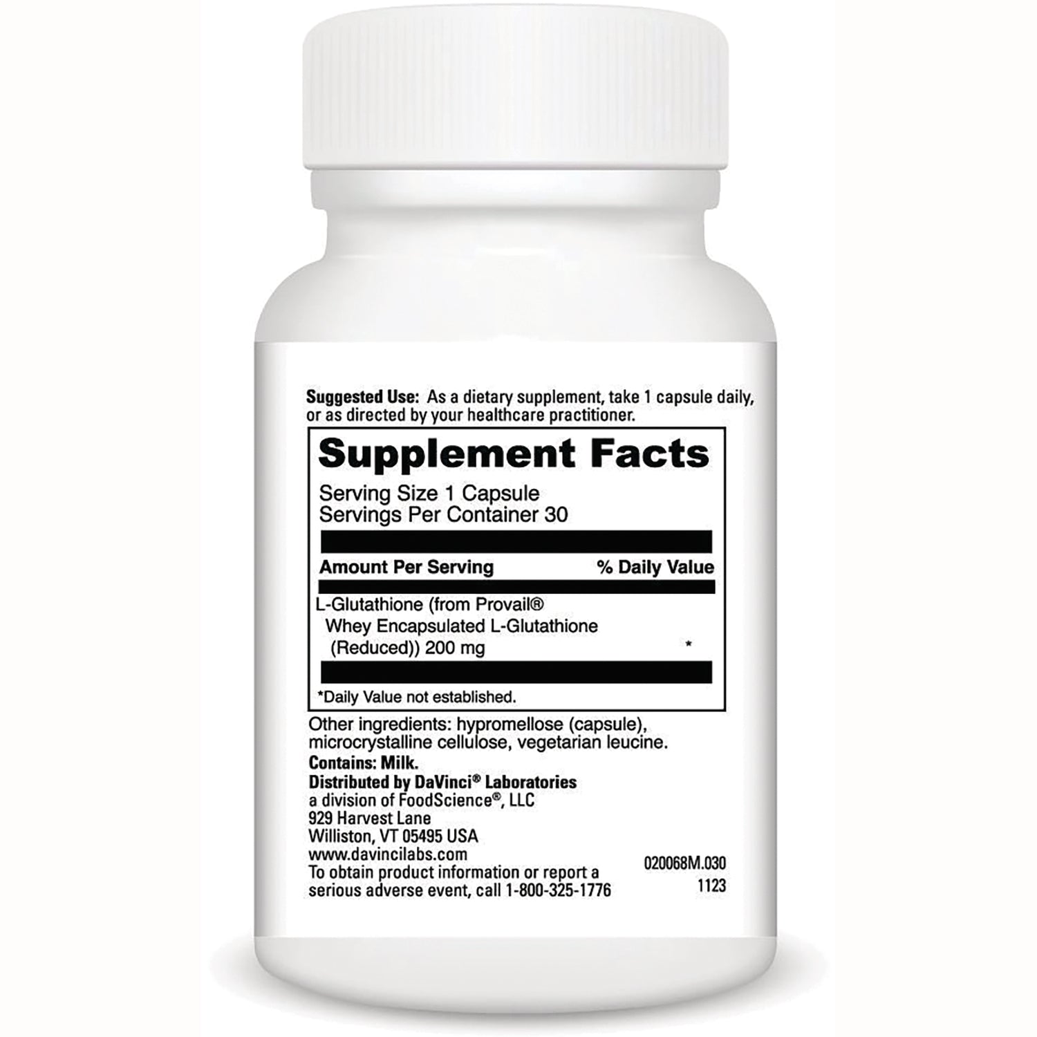 DVL168 | Back label showing Supplement Facts for L-Glutathione 200 mg, serving size 1 capsule, ingredients and distributor information