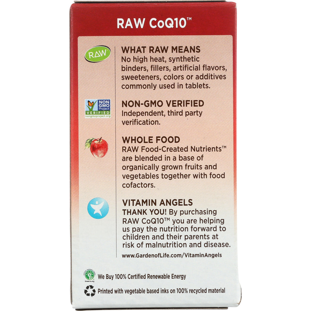 GLF135 | back of RAW CoQ10 box with non-GMO verified, whole food description and Vitamin Angels text - Thumbnail