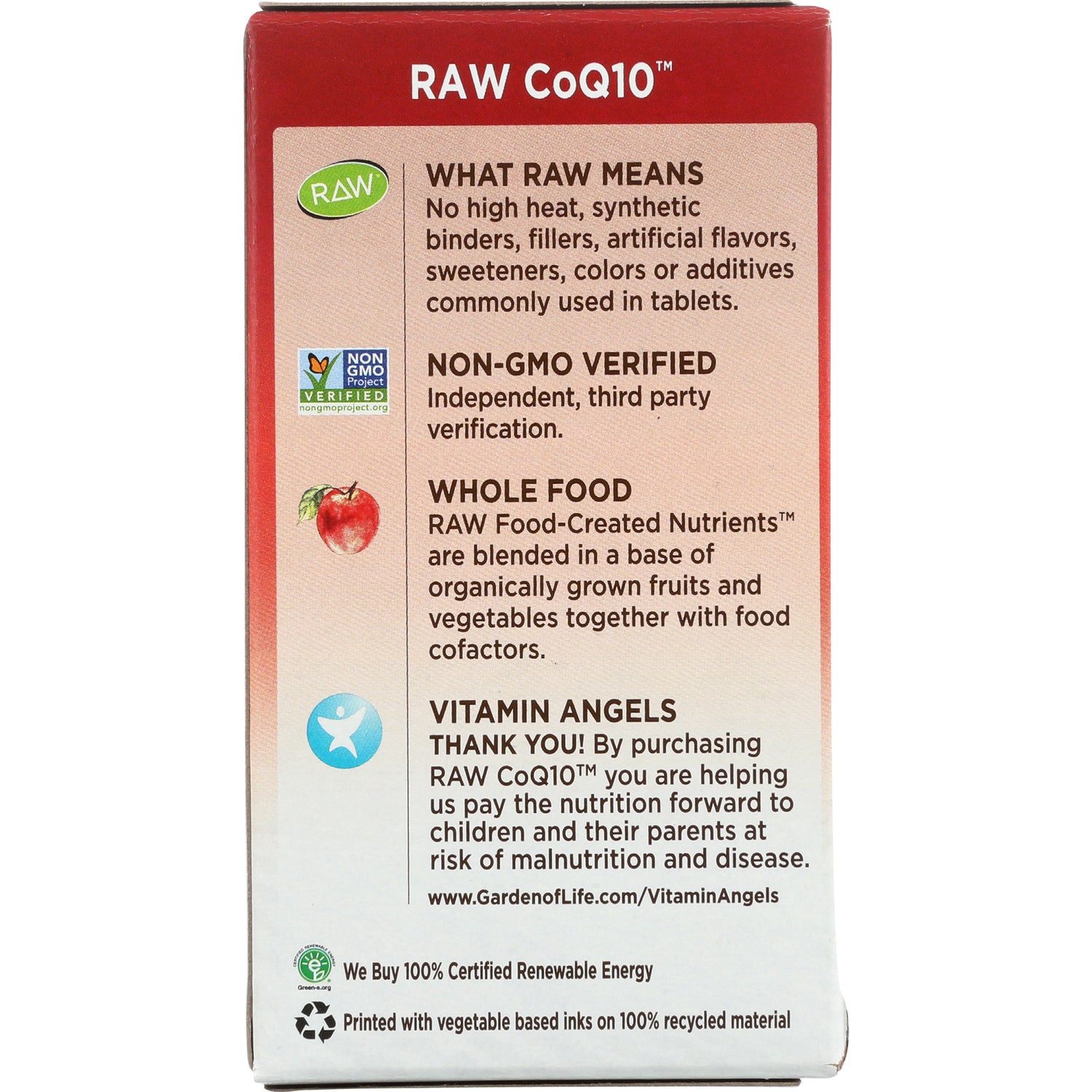 GLF135 | back of RAW CoQ10 box with non-GMO verified, whole food description and Vitamin Angels text