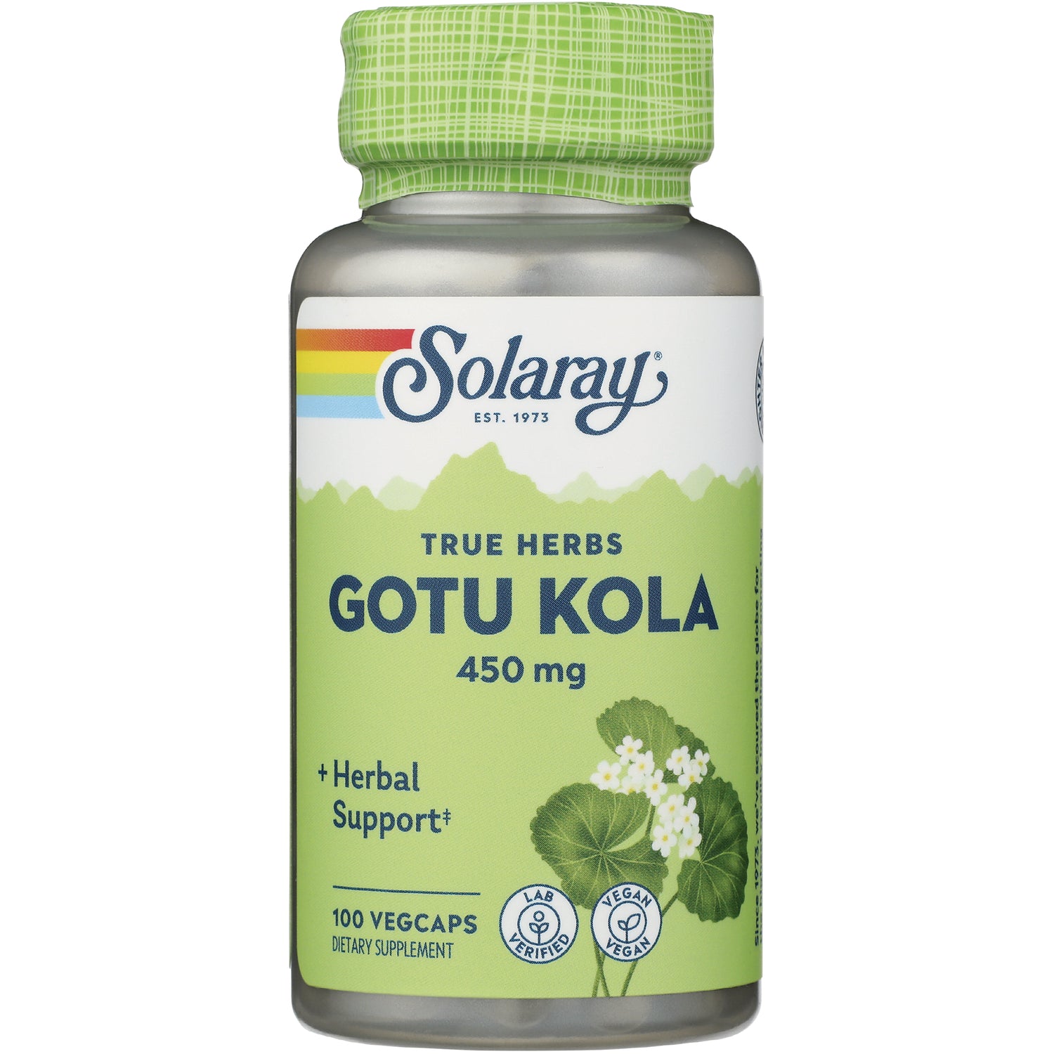 SLR356 | Solaray True Herbs Gotu Kola 450 mg, 100 VegCaps dietary supplement bottle