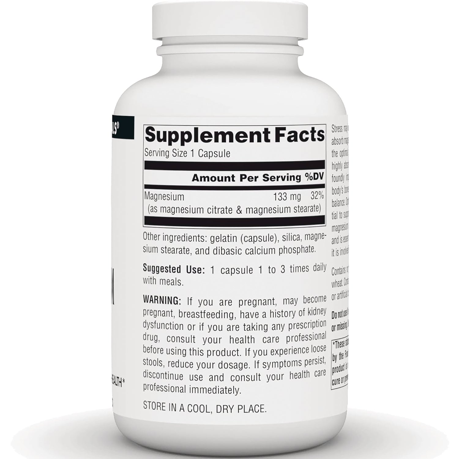SN536 | Supplement bottle back label with Supplement Facts, magnesium 133 mg per capsule and directions
