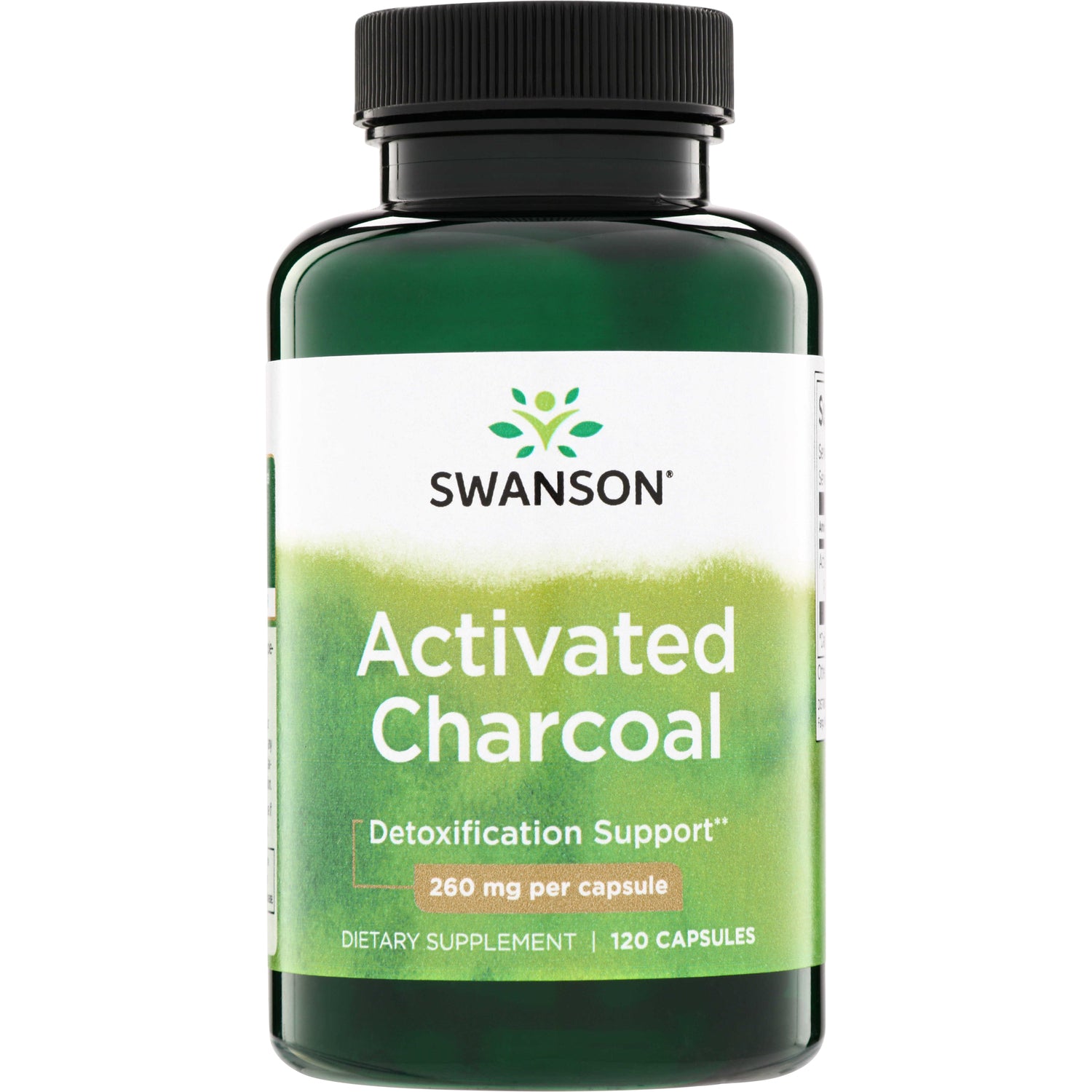 SW1355 | Swanson Activated Charcoal supplement bottle, Detoxification Support, 260 mg per capsule, 120 capsules
