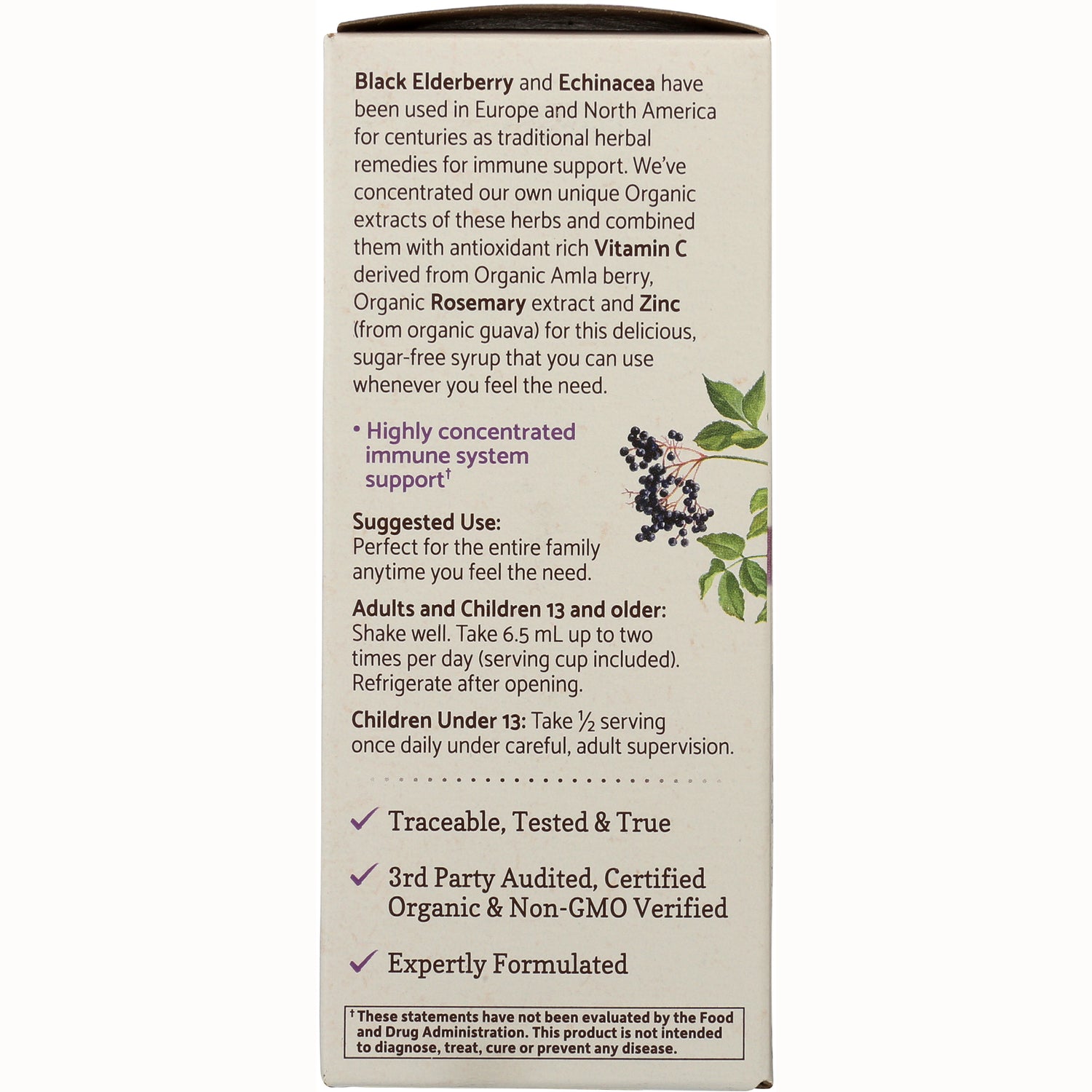 GLF260 | product side panel showing suggested use, benefits, certifications, and an elderberry illustration