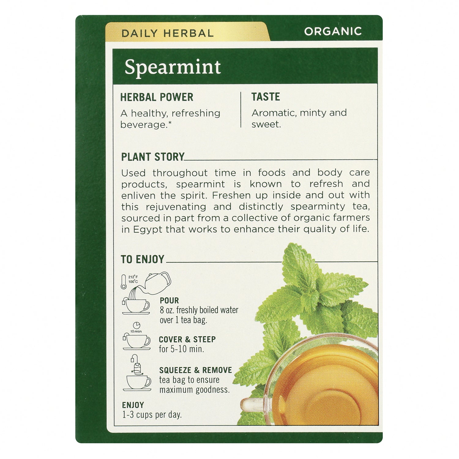 TMD026 | Back panel of Spearmint tea box with herbal power, taste, plant story, and brewing directions