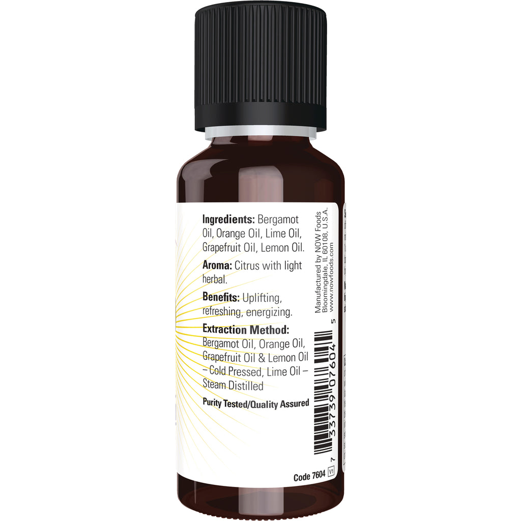NWF1225 | Back label of amber essential oil bottle listing ingredients, aroma, benefits, extraction method and barcode - Thumbnail