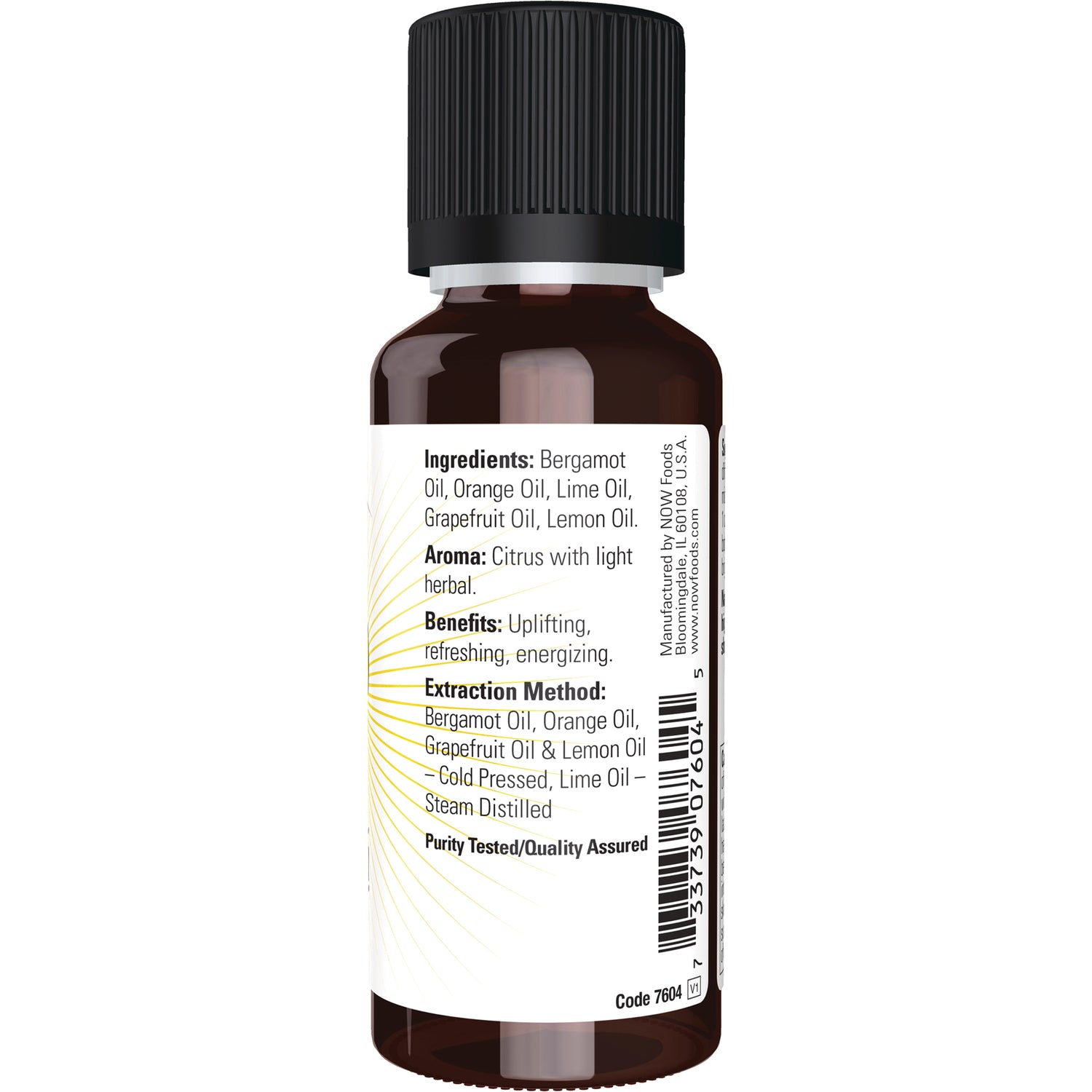 NWF1225 | Back label of amber essential oil bottle listing ingredients, aroma, benefits, extraction method and barcode