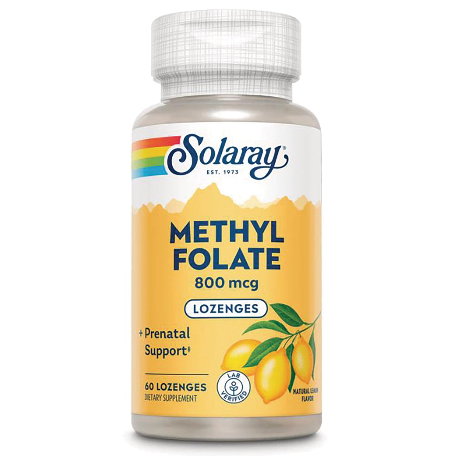 SLR435 | Solaray Methyl Folate 800 mcg lozenges bottle with lemon illustration, front label showing prenatal support