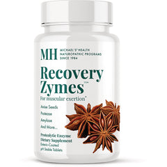 MNP010 | White supplement bottle labeled Recovery Zymes front view with star anise illustration and MH logo