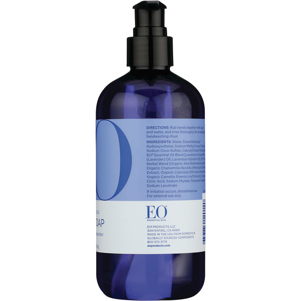 EOP012 | Back label of blue EO pump bottle showing directions, ingredients and EO logo - Thumbnail
