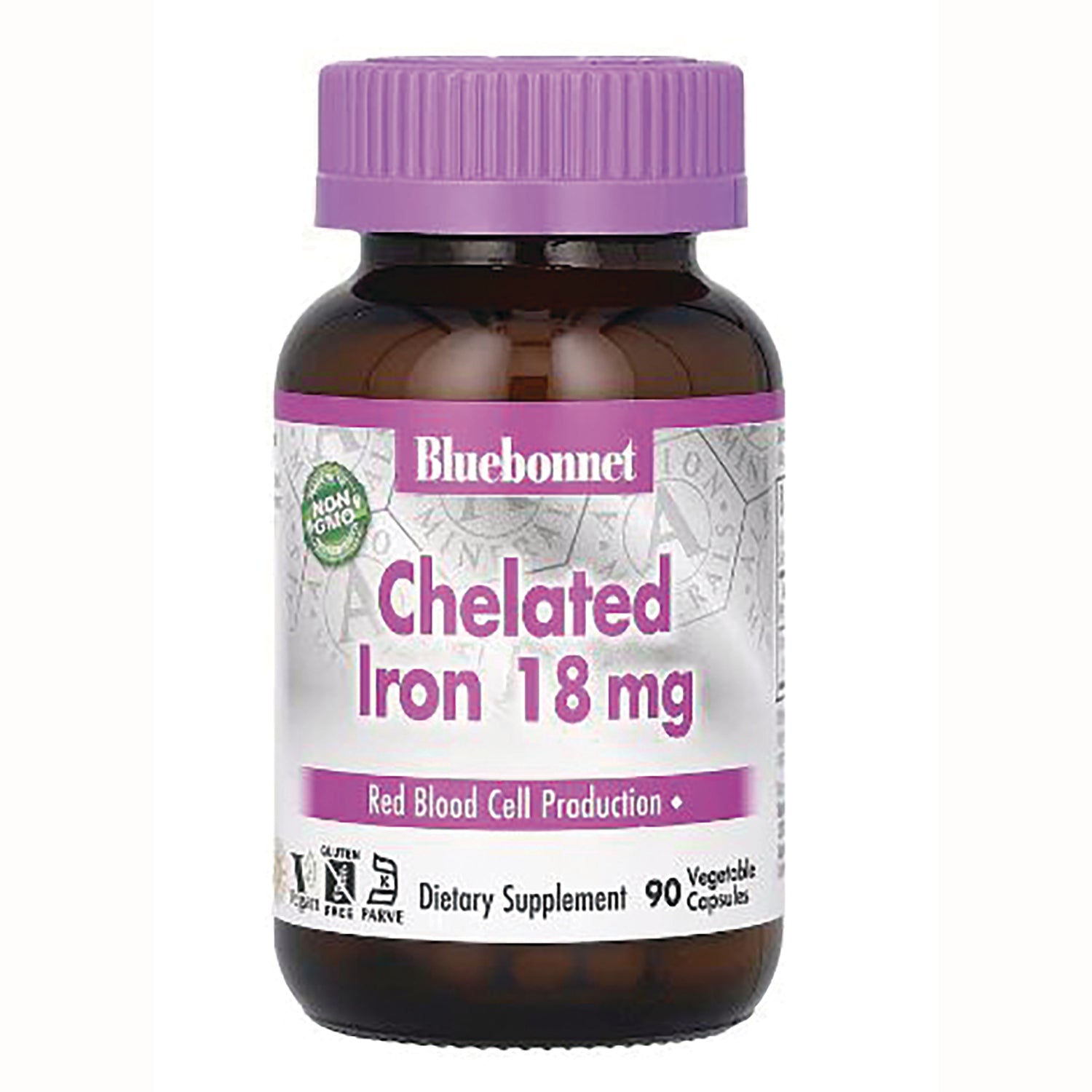 BLU067 | Bluebonnet bottle labeled Chelated Iron 18 mg dietary supplement with purple cap, 90 vegetable capsules
