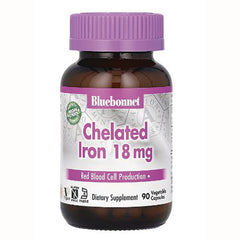 BLU067 | Bluebonnet bottle labeled Chelated Iron 18 mg dietary supplement with purple cap, 90 vegetable capsules