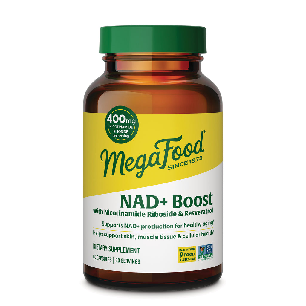 MGF150 | MegaFood NAD+ Boost supplement bottle front label showing 400mg Nicotinamide Riboside and product name - Thumbnail
