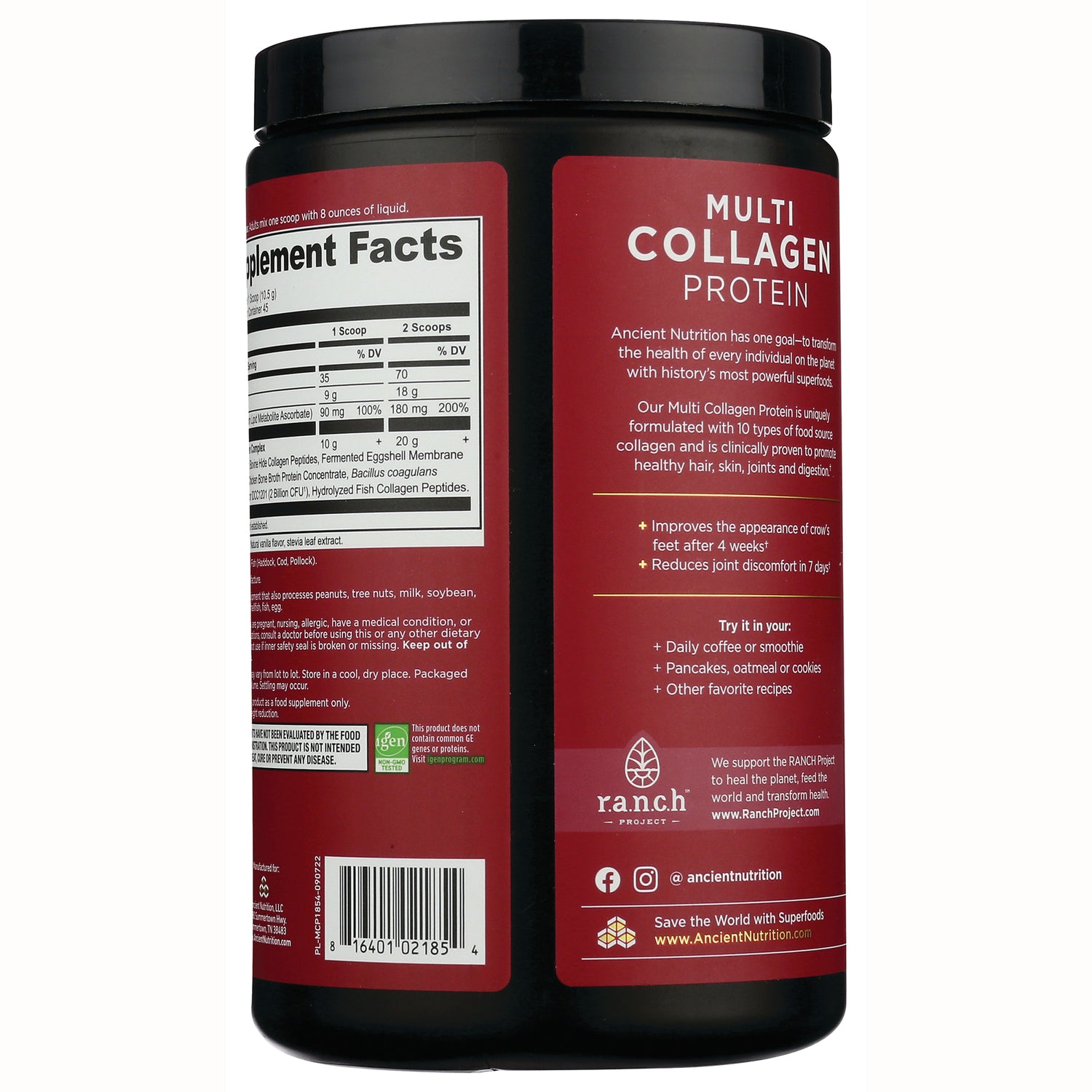 ATN025 | Back label of Multi Collagen Protein tub showing supplement facts, usage suggestions, and barcode