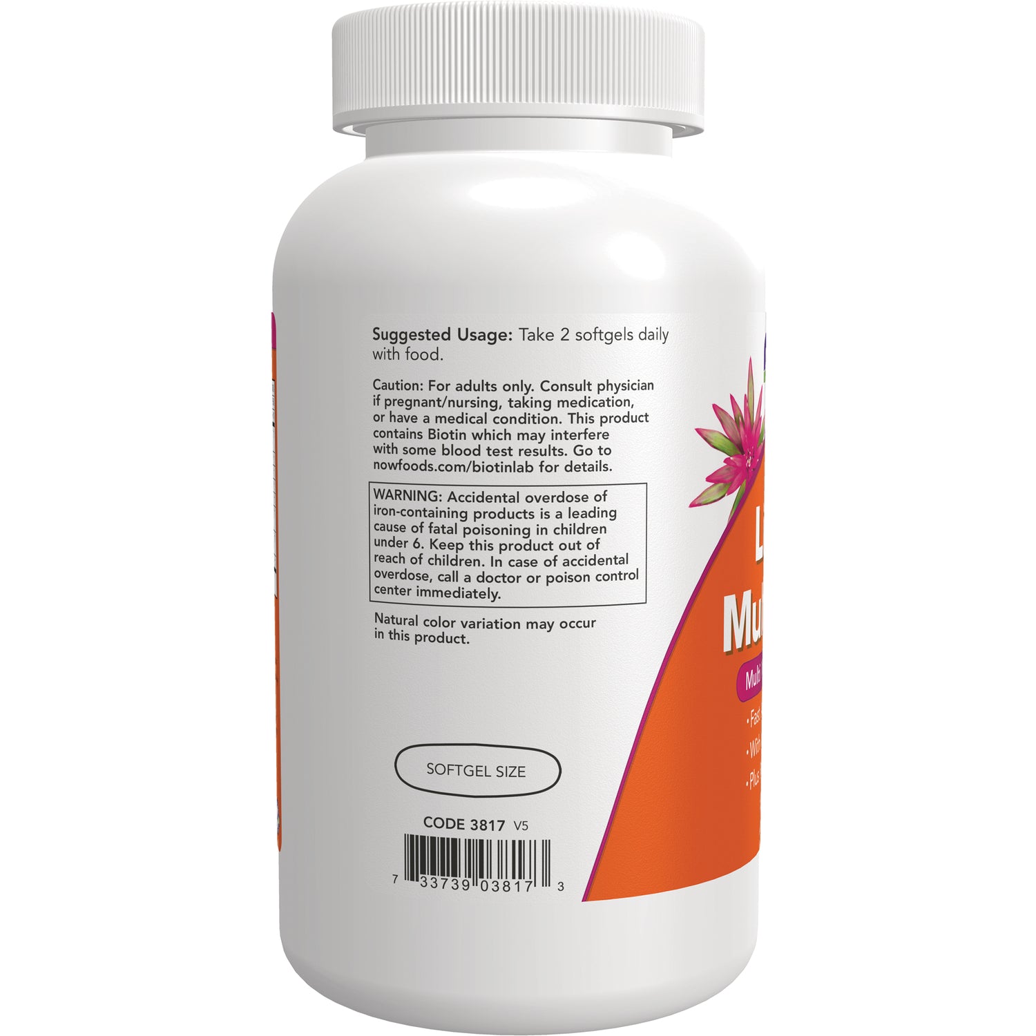 NWF327 | back label of white supplement bottle showing suggested usage, warning box, softgel size and barcode