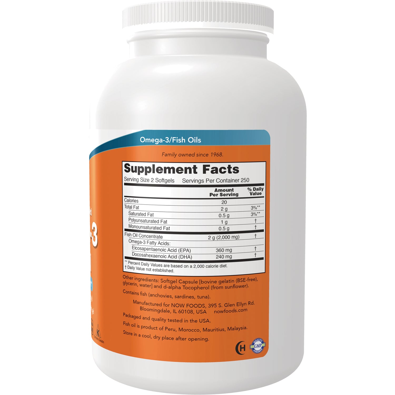NWF902 | Back label showing Supplement Facts on orange Omega-3/Fish Oils bottle listing EPA 360 mg and DHA 240 mg
