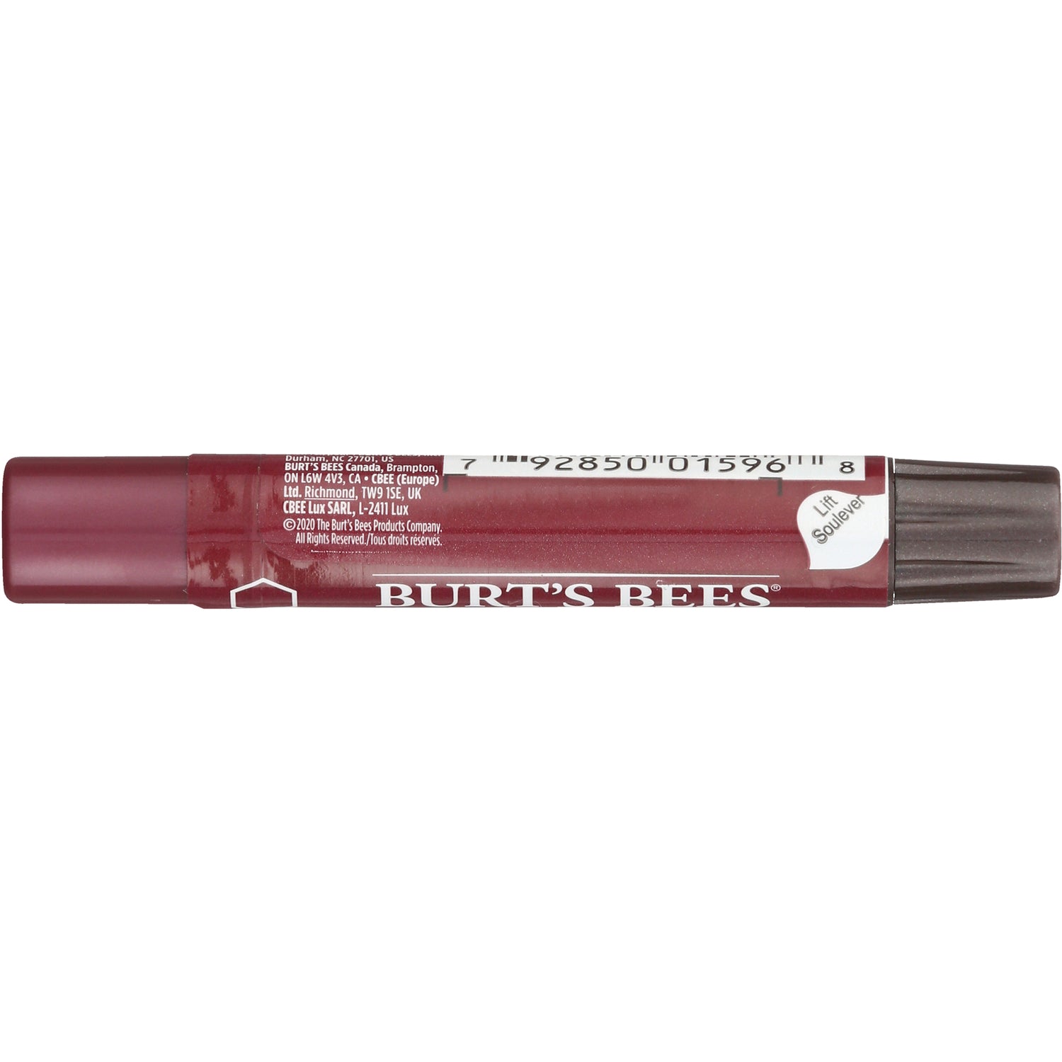 BTB231 | back label of burgundy Burt's Bees lip crayon showing BURT'S BEES logo, barcode and dark cap