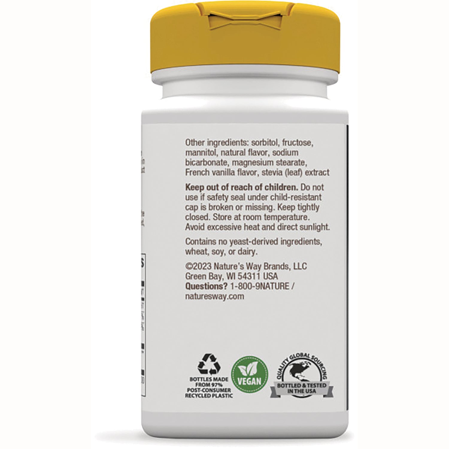 NW594 | Back label of white supplement bottle showing ingredients, warnings, contact info and vegan and recycling icons