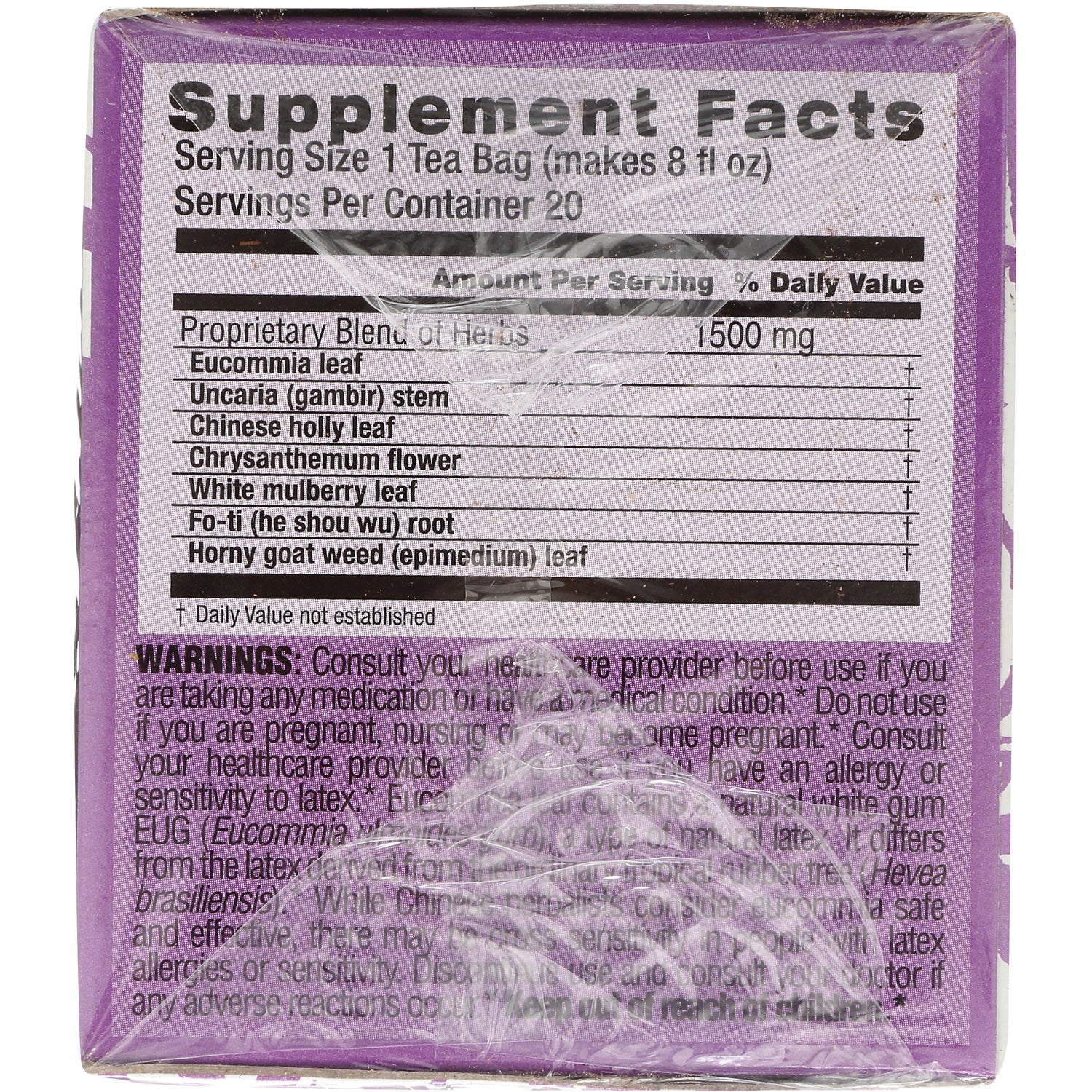 TLT016 | Back panel showing Supplement Facts and warnings; proprietary herbal blend 1500 mg with ingredients list