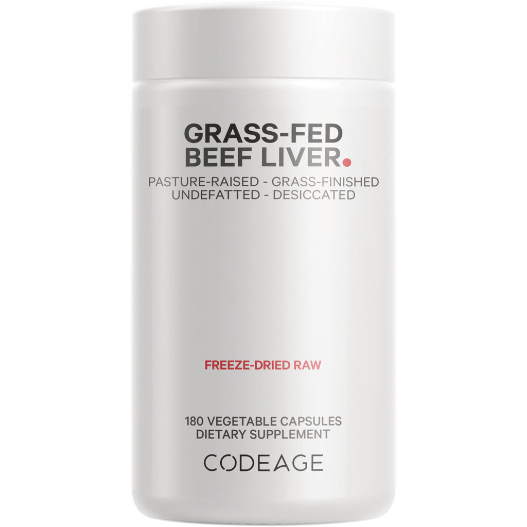 White supplement bottle labeled GRASS-FED BEEF LIVER; freeze-dried raw, 180 vegetable capsules, CODEAGE - Thumbnail