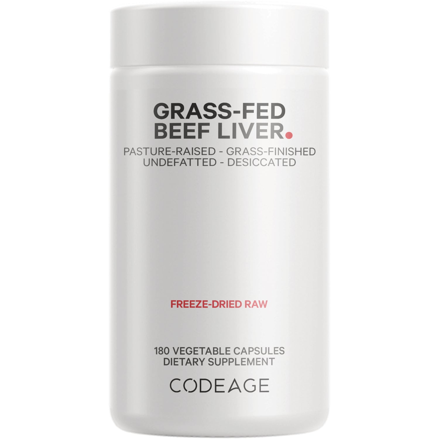 White supplement bottle labeled GRASS-FED BEEF LIVER; freeze-dried raw, 180 vegetable capsules, CODEAGE
