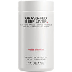 White supplement bottle labeled GRASS-FED BEEF LIVER; freeze-dried raw, 180 vegetable capsules, CODEAGE