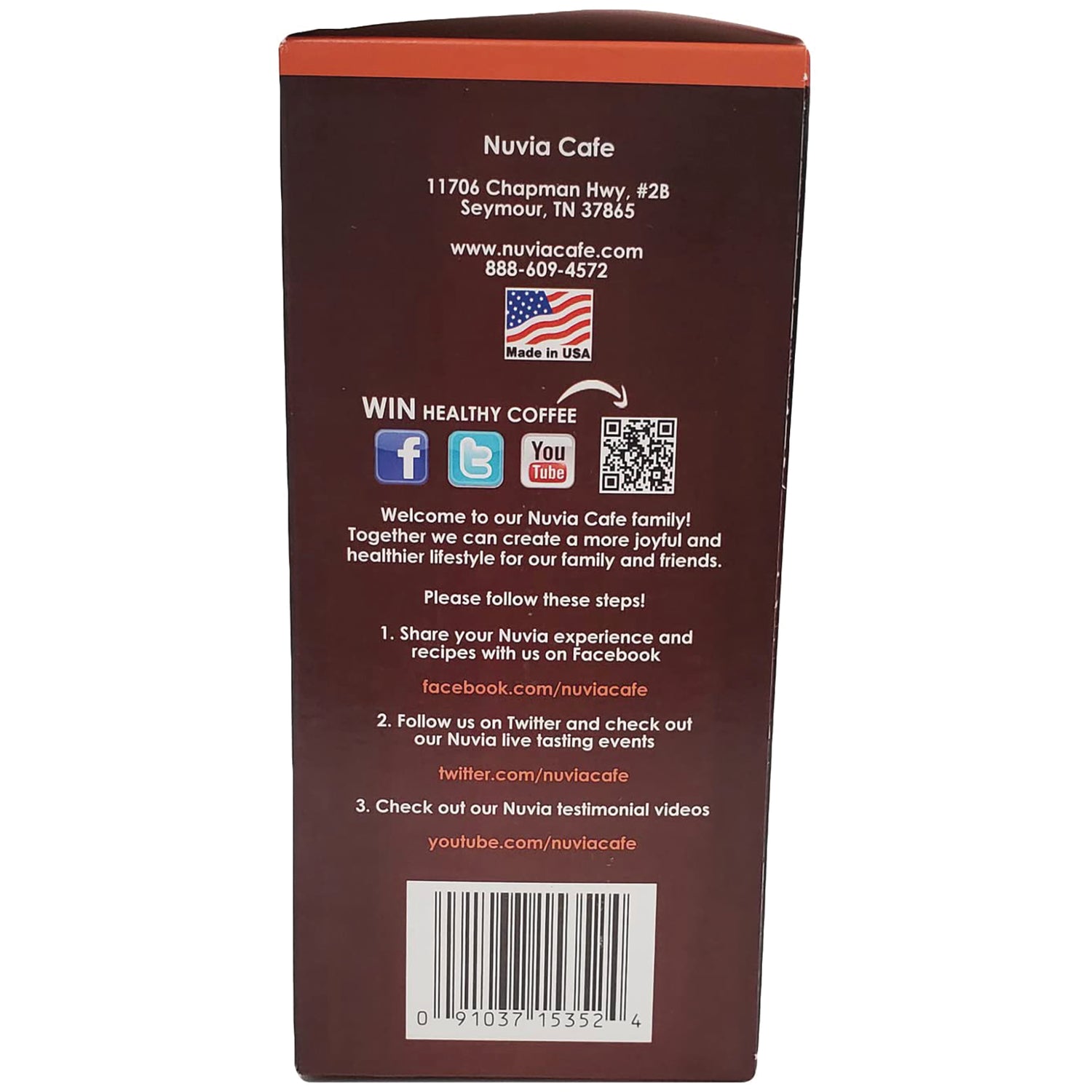 NVC002 | back panel of Nuvia Cafe coffee box showing address, social icons, QR code, instructions and barcode