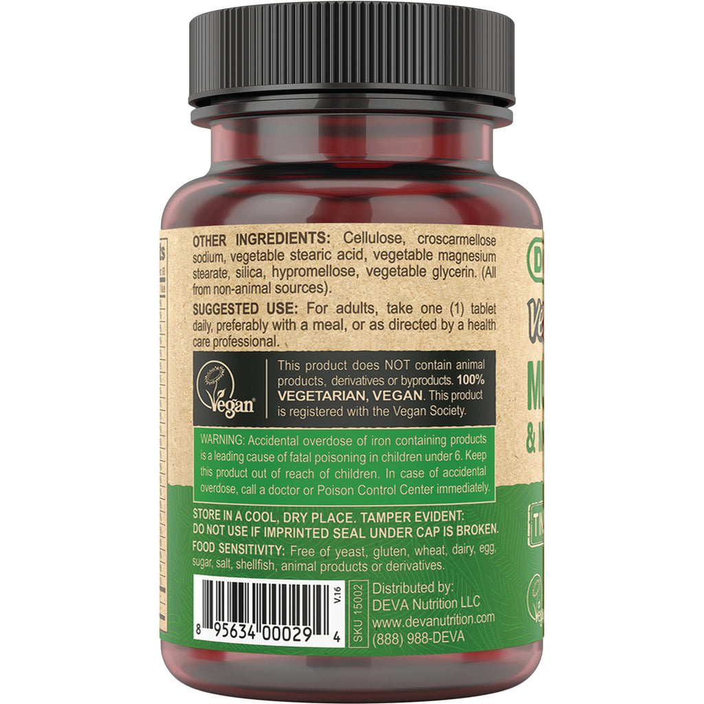 DEV024 | Back label of amber supplement bottle showing other ingredients, suggested use, vegan badge, warning and barcode - Thumbnail