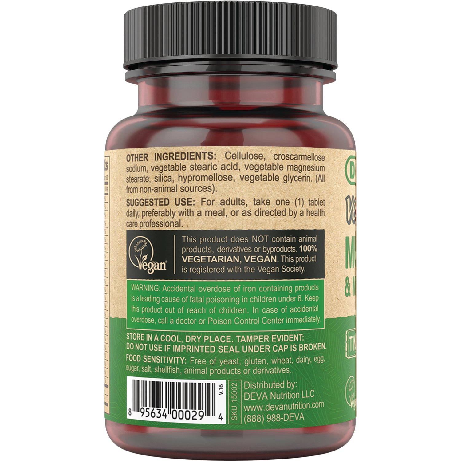 DEV024 | Back label of amber supplement bottle showing other ingredients, suggested use, vegan badge, warning and barcode