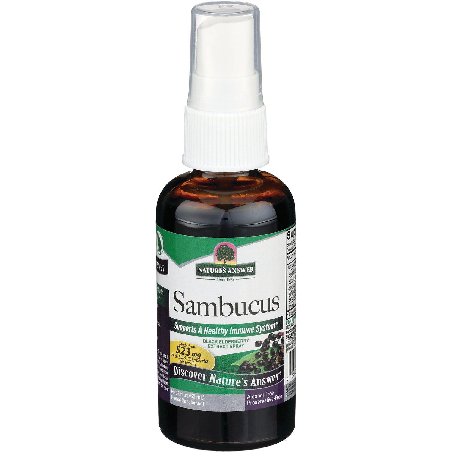 NAT128 | Amber spray bottle of Sambucus black elderberry extract spray from Nature's Answer with white spray top