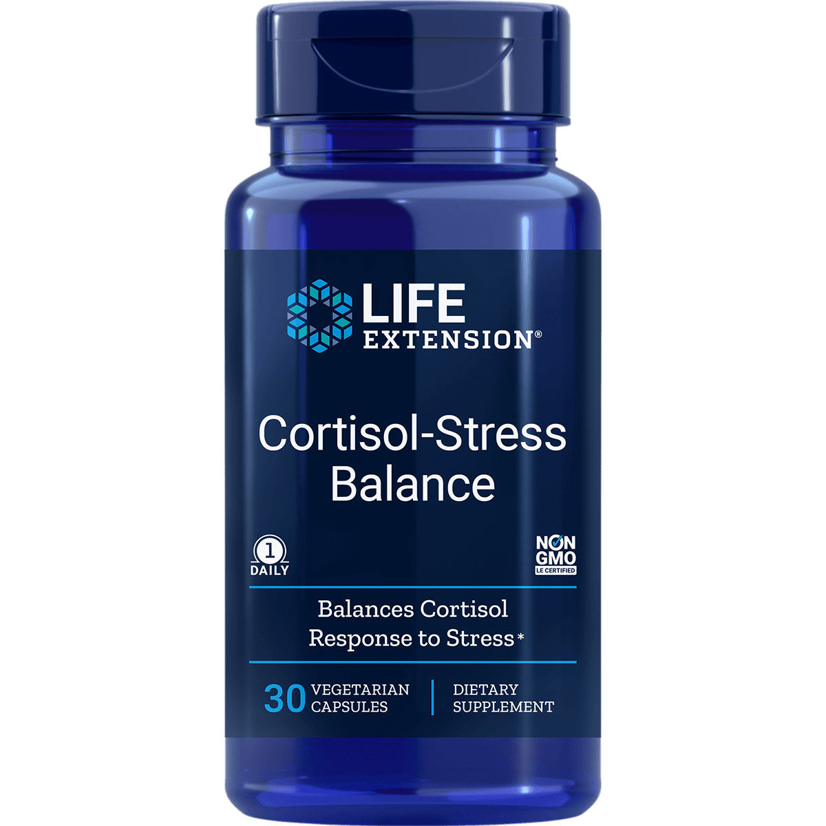 LE470 | Life Extension Cortisol-Stress Balance blue supplement bottle labeled 30 vegetarian capsules