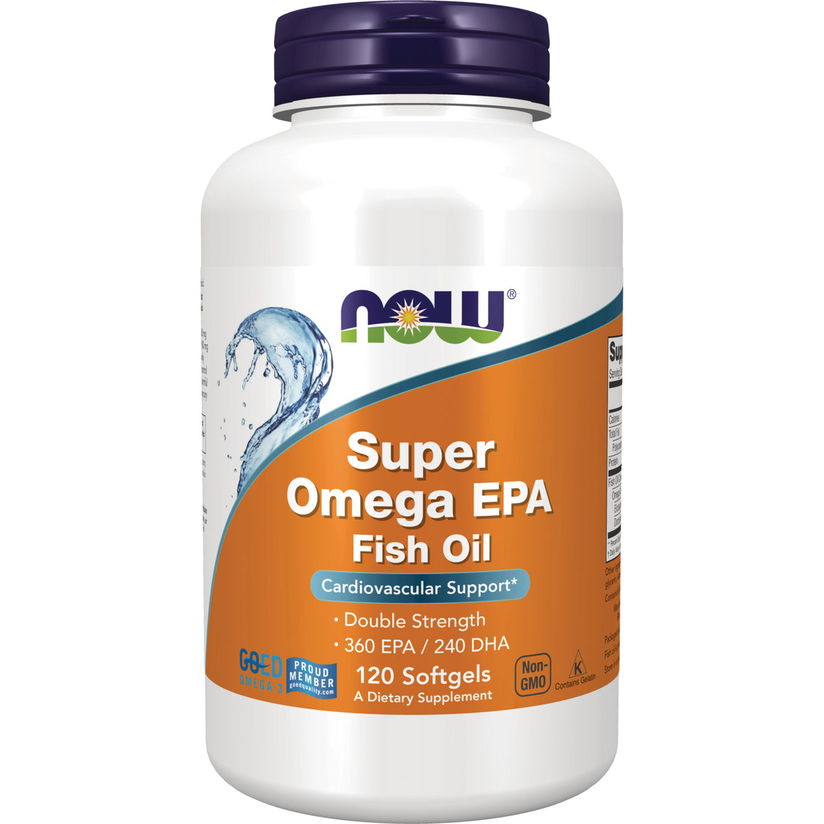 NWF352 | NOW Super Omega EPA Fish Oil white bottle with orange label, 120 softgels, cardiovascular support