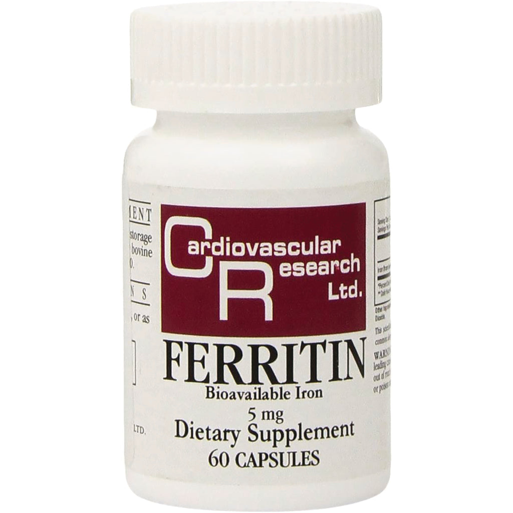 CRR012 | white supplement bottle labeled FERRITIN Bioavailable Iron 5 mg Dietary Supplement 60 CAPSULES - Thumbnail