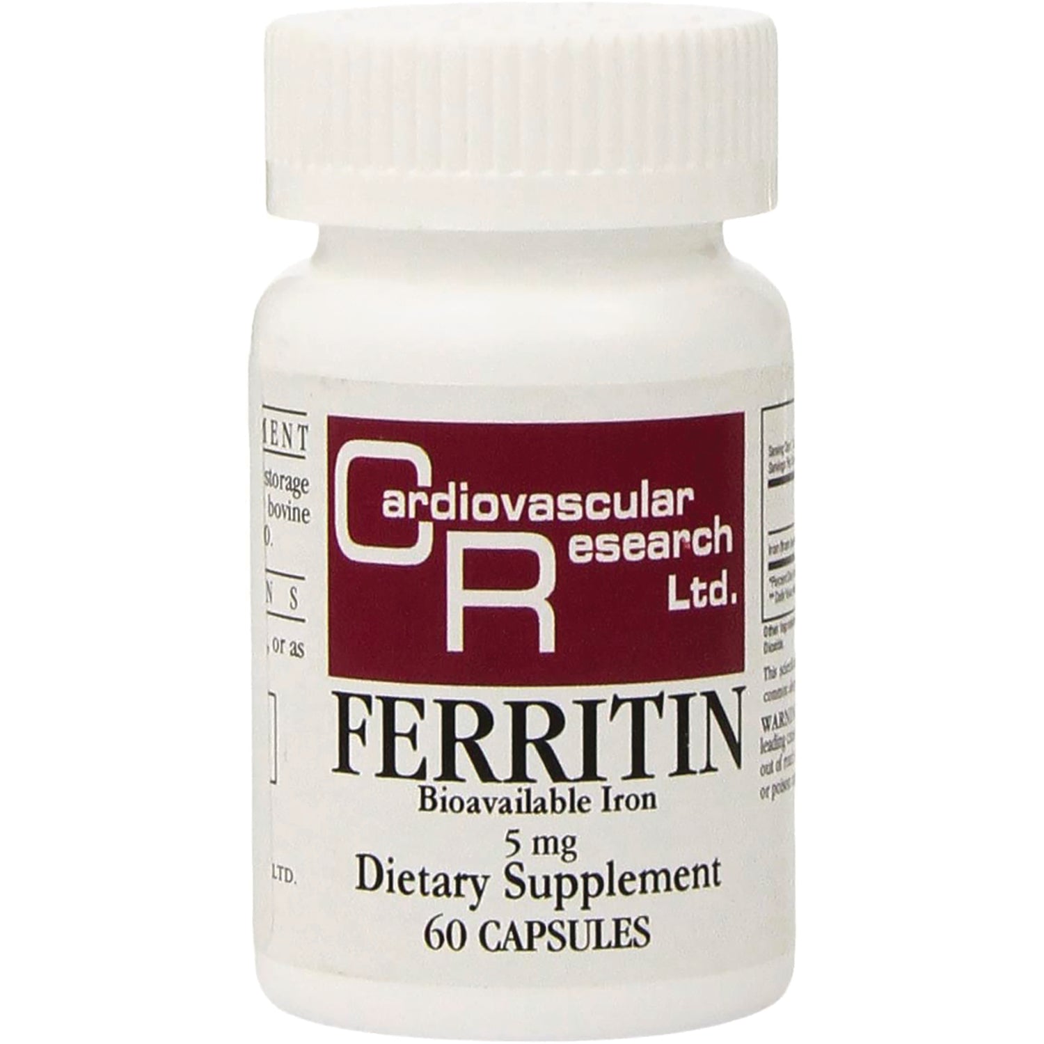 CRR012 | white supplement bottle labeled FERRITIN Bioavailable Iron 5 mg Dietary Supplement 60 CAPSULES