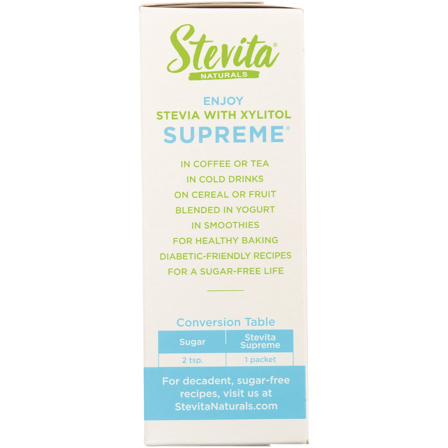 STV002 | Stevita Naturals Stevia with Xylitol Supreme usage ideas and conversion table (2 tsp sugar = 1 packet)