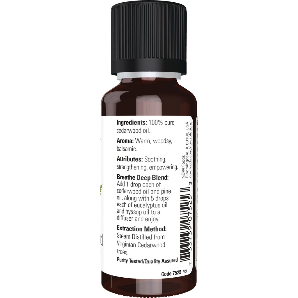 NWF296 | Brown essential oil bottle showing back label with ingredients, aroma, extraction method, usage instructions and barcode - Thumbnail