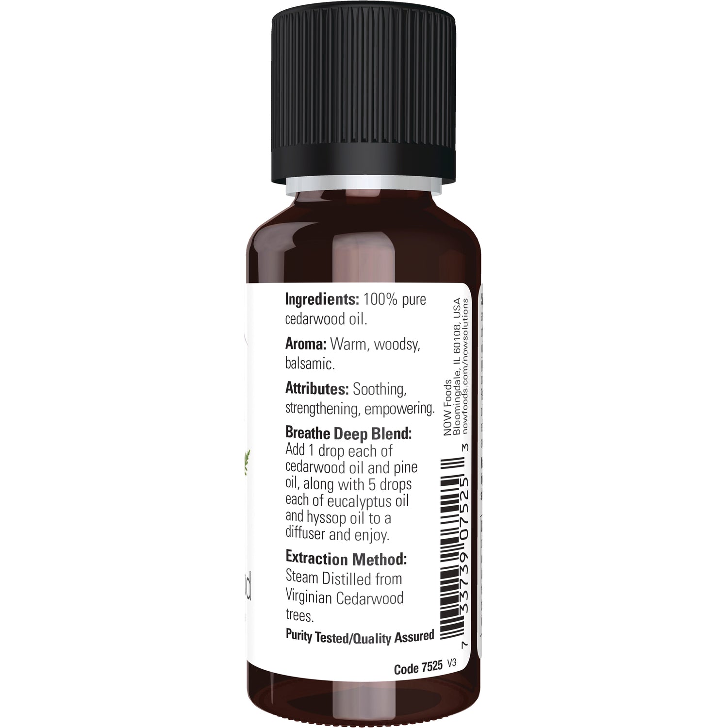 NWF296 | Brown essential oil bottle showing back label with ingredients, aroma, extraction method, usage instructions and barcode