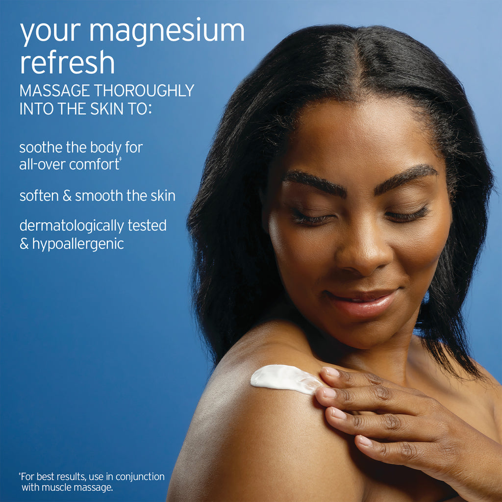 LFH086 | Woman applies magnesium lotion to her shoulder with text promoting skin comfort and smoothing benefits - Thumbnail