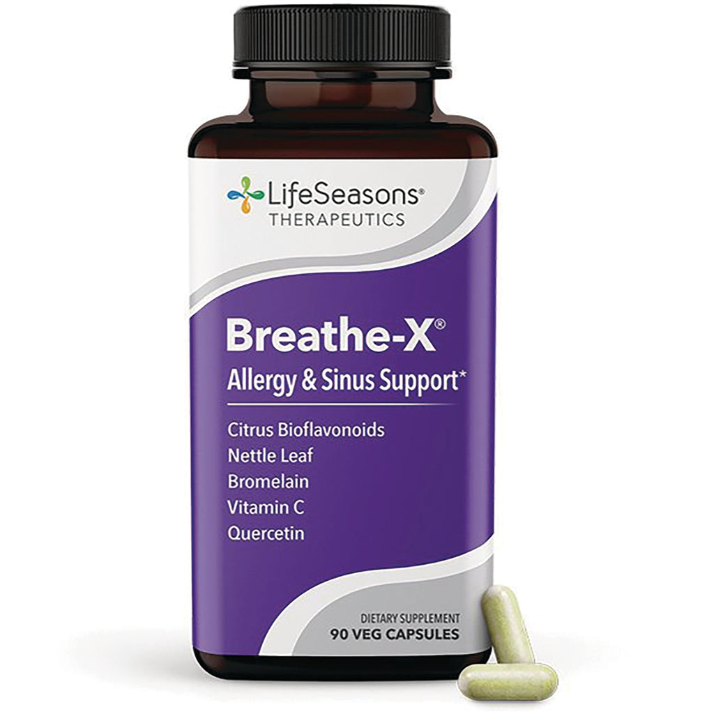 LSS001 | LifeSeasons Breathe-X allergy and sinus support bottle front showing label with ingredients and two green capsules - Thumbnail