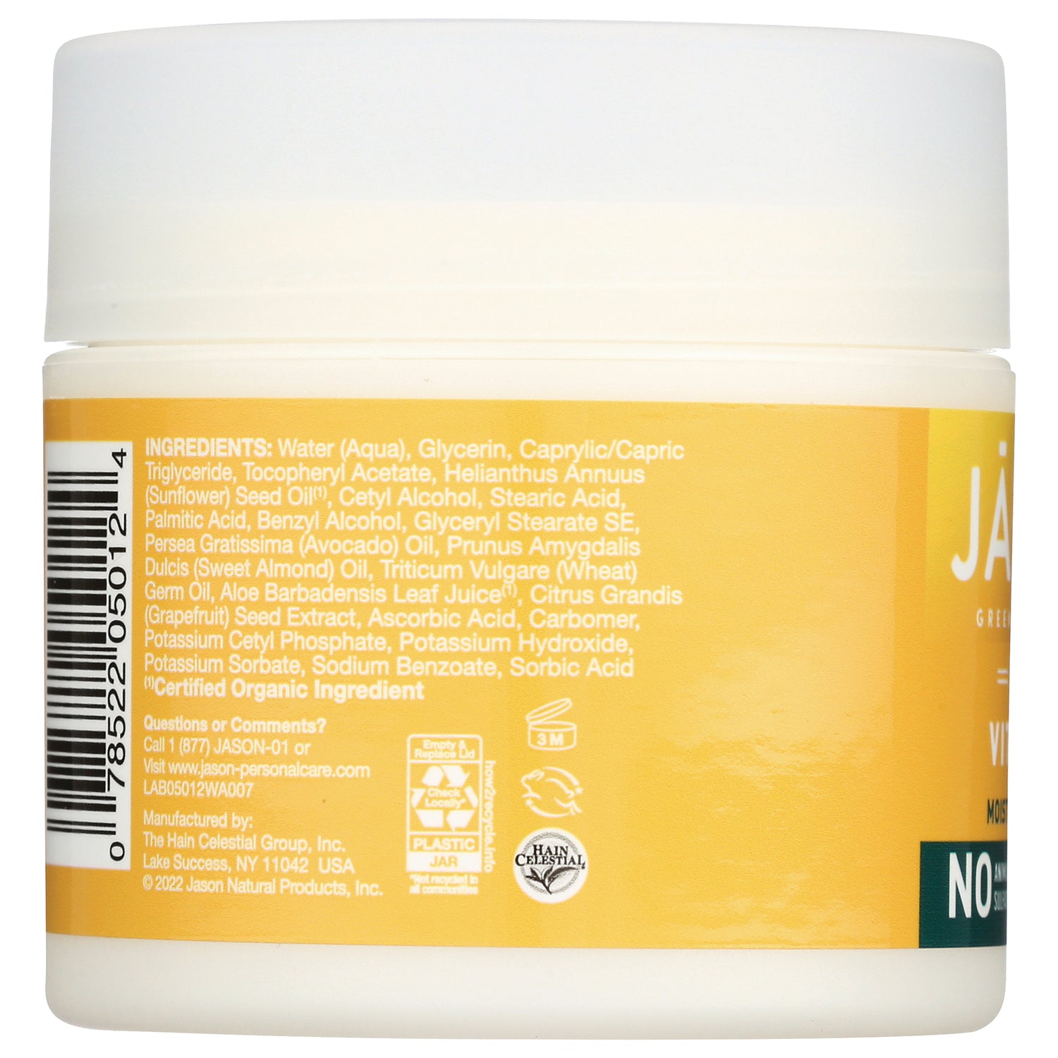 JC128 | back label of white jar showing ingredients list, icons, and barcode