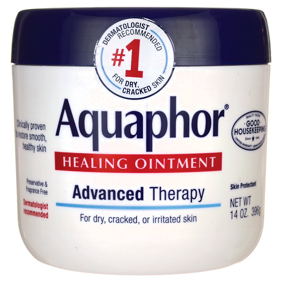 EUC004 | Aquaphor Healing Ointment jar front label, Advanced Therapy for dry, cracked, or irritated skin NET WT 14 OZ