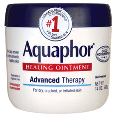 EUC004 | Aquaphor Healing Ointment jar front label, Advanced Therapy for dry, cracked, or irritated skin NET WT 14 OZ