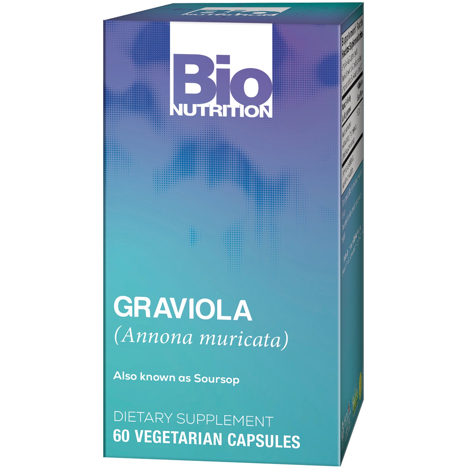 BNN033 | Bio Nutrition Graviola supplement box front with logo, Graviola (Annona muricata) and 60 vegetarian capsules