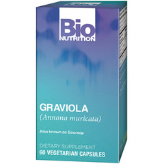 BNN033 | Bio Nutrition Graviola supplement box front with logo, Graviola (Annona muricata) and 60 vegetarian capsules