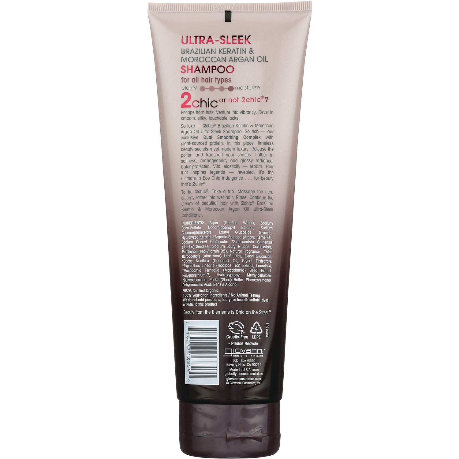 GV053 | Back of Ultra-Sleek shampoo tube showing ingredients panel barcode and recycling symbols